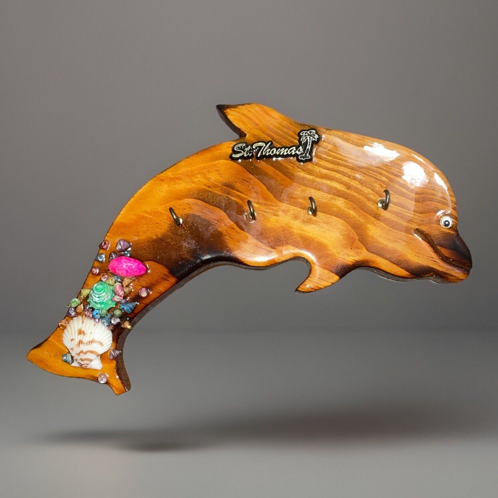 VTG✨Dolphin Seashell Wall Hanging Key Holder Vintage Wood St.Thomas House Plaque